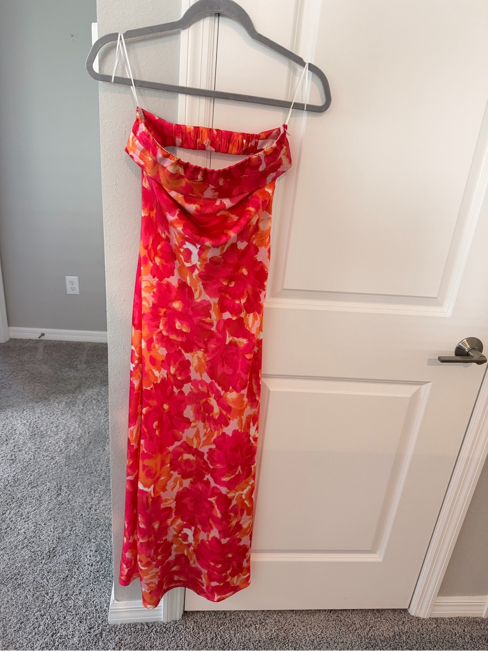 Floral Strapless Billy J Midi Dress in Pink and Orange